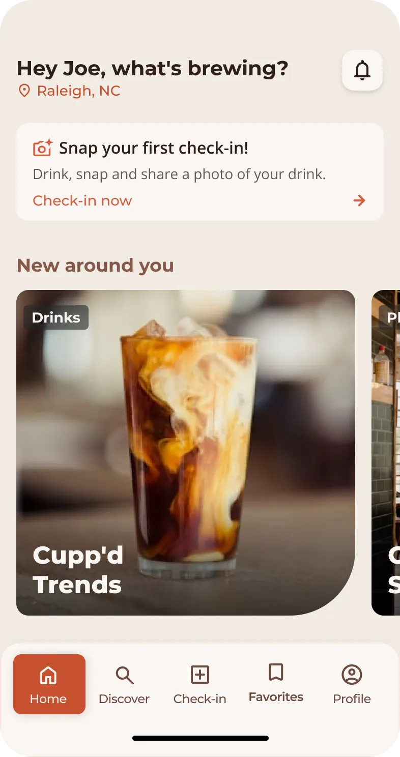 Cupp'd mobile app showing a coffee check-in